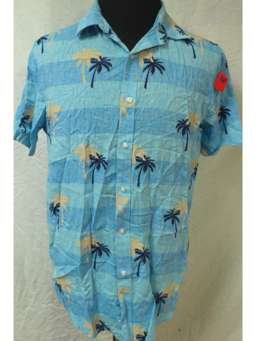 Club Room Mens (M) Blue Palm Tree Linen Blend Tropical Aloha Hawaiian Shirt